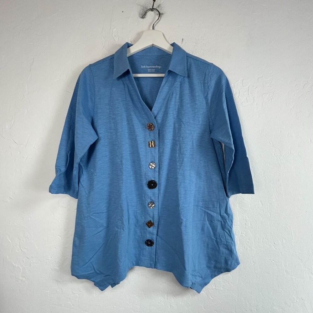Soft Surroundings Womens Danielle 3/4 Sleeve Tunic Petite Small Blue Button Up